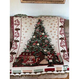Vintage Holiday Tapestry Throw Blanket With Christmas Tree, Toys Train warm Gift